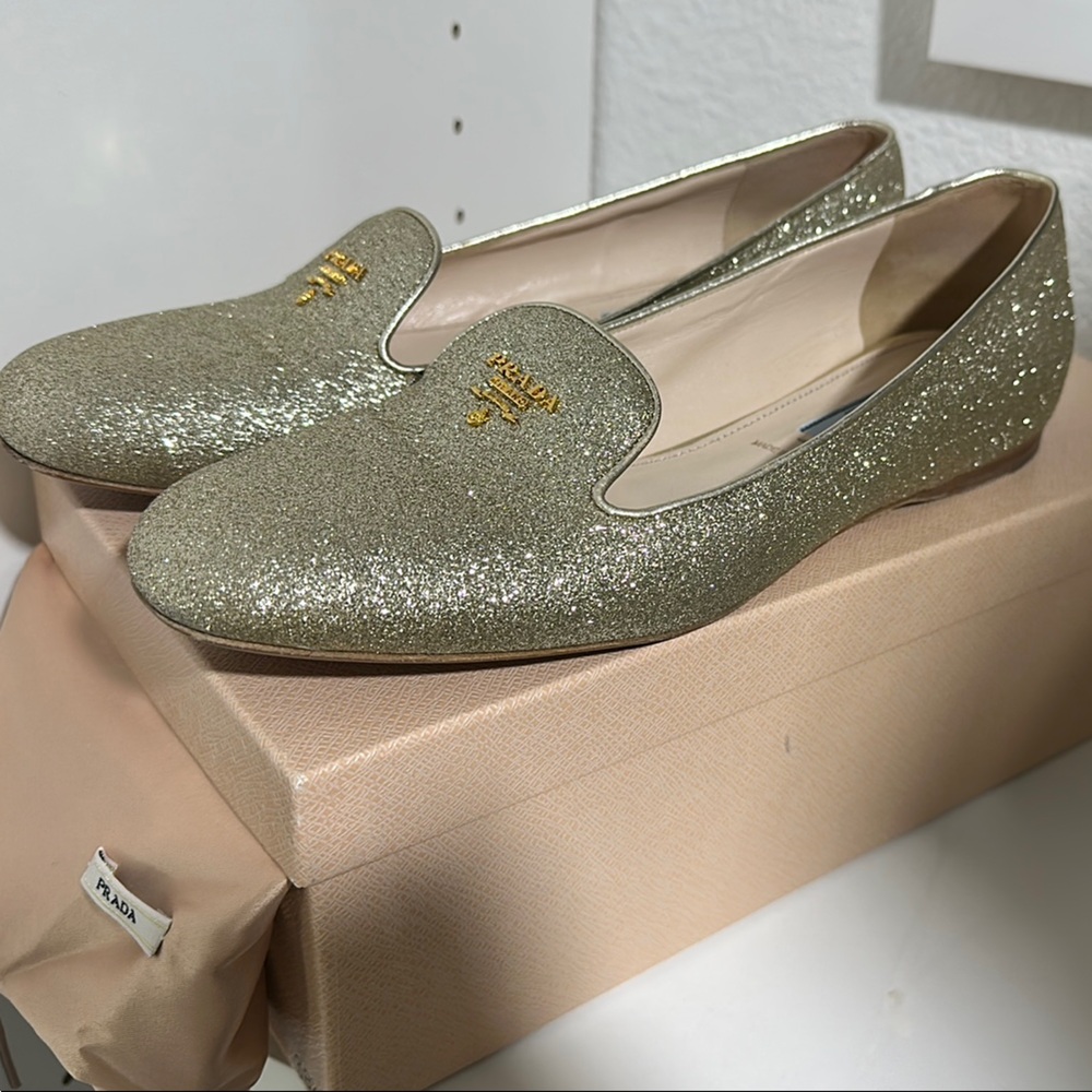Prada Flats with Gold Glitter Finish (box and dust bag included)